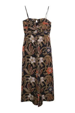Black and brown silk floral Dutch wax print-style slip-style spaghetti strap sun dress with pleated bodice