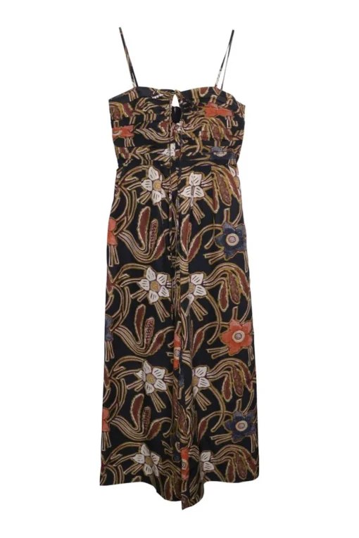 Black and brown silk floral Dutch wax print-style slip-style spaghetti strap sun dress with pleated bodice