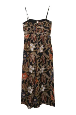 Black and brown silk floral Dutch wax print-style slip-style spaghetti strap sun dress with pleated bodice