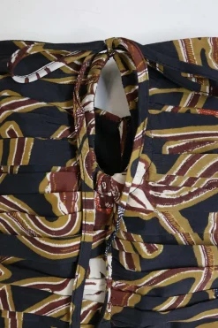 Black and brown silk floral Dutch wax print-style slip-style spaghetti strap sun dress with pleated bodice