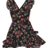 Black and burgundy graphic floral print plunge neck flutter sleeve A-line mini dress with tiered ruffle hem