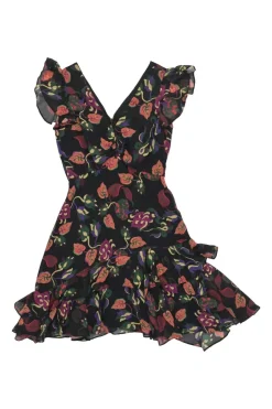 Black and burgundy graphic floral print plunge neck flutter sleeve A-line mini dress with tiered ruffle hem