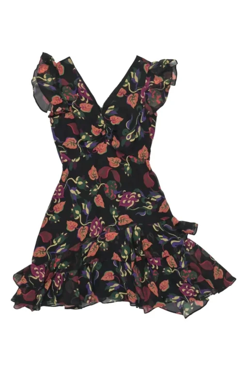 Black and burgundy graphic floral print plunge neck flutter sleeve A-line mini dress with tiered ruffle hem