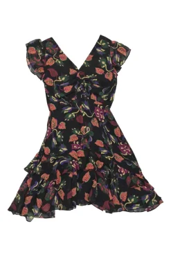 Black and burgundy graphic floral print plunge neck flutter sleeve A-line mini dress with tiered ruffle hem