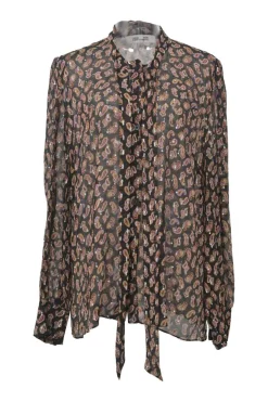 Black and burgundy paisley metallic fil coupé pussy-bow blouse