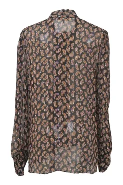 Black and burgundy paisley metallic fil coupé pussy-bow blouse