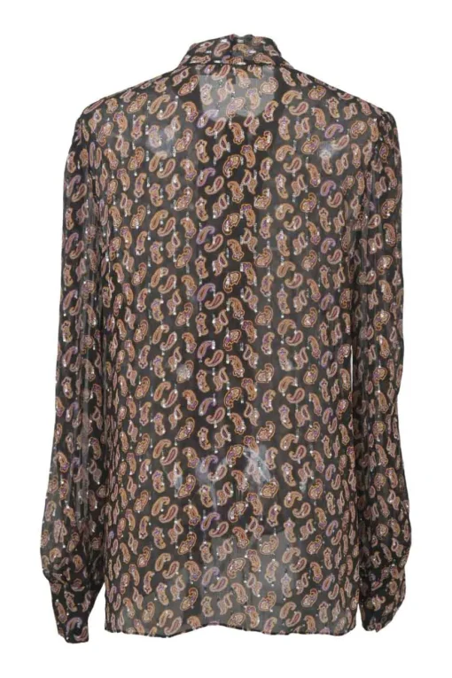 Black and burgundy paisley metallic fil coupé pussy-bow blouse