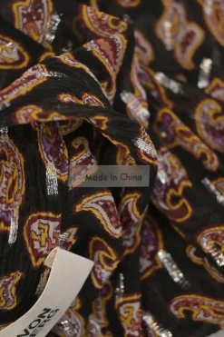 Black and burgundy paisley metallic fil coupé pussy-bow blouse