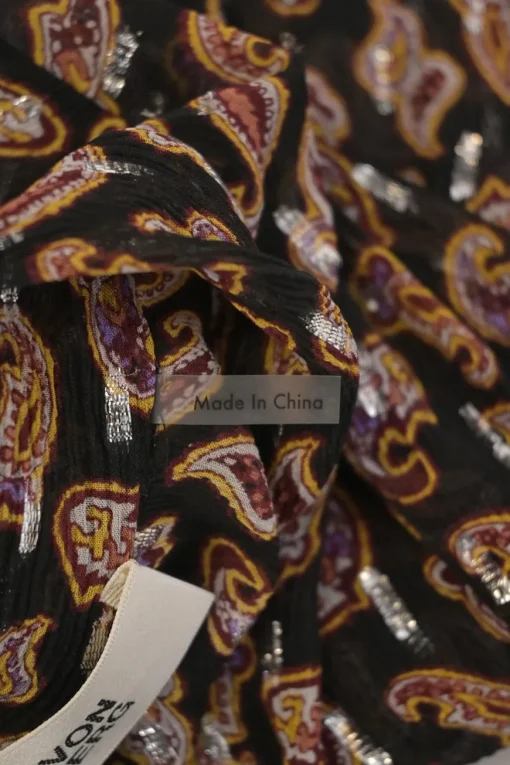 Black and burgundy paisley metallic fil coupé pussy-bow blouse