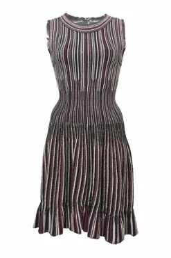 Black and burgundy striped jacquard knit drop-waist sleeveless mini dress