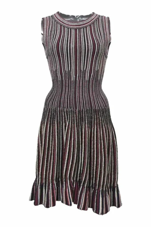 Black and burgundy striped jacquard knit drop-waist sleeveless mini dress