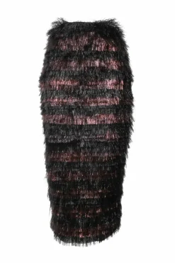 Black and burgundy tiered polyamide lurex fringe pencil skirt