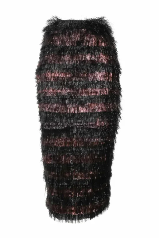 Black and burgundy tiered polyamide lurex fringe pencil skirt