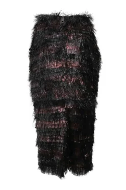 Black and burgundy tiered polyamide lurex fringe pencil skirt