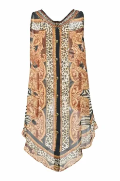 Black and camel abstract paisley zebra print swing-style camisole with high-low hem