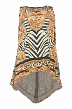 Black and camel abstract paisley zebra print swing-style camisole with high-low hem