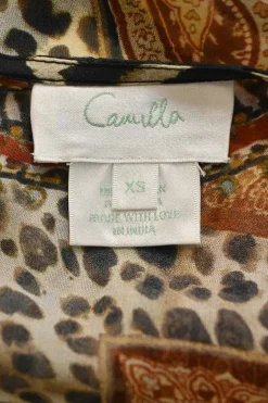 Black and camel abstract paisley zebra print swing-style camisole with high-low hem