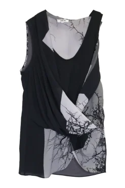 Black and charcoal digi-print polyester pullover draped sleeveless tunic top