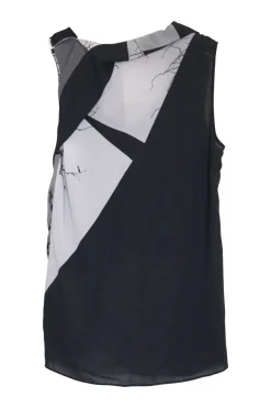 Black and charcoal digi-print polyester pullover draped sleeveless tunic top