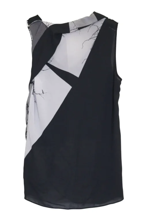 Black and charcoal digi-print polyester pullover draped sleeveless tunic top