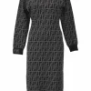 Black and charcoal viscose-blend FF Zucca jacquard knit crewneck dress