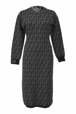 Black and charcoal viscose-blend FF Zucca jacquard knit crewneck dress