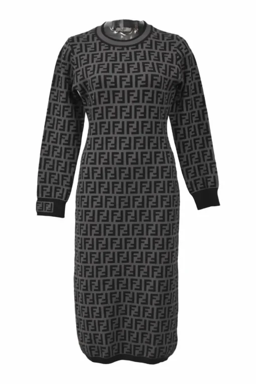 Black and charcoal viscose-blend FF Zucca jacquard knit crewneck dress