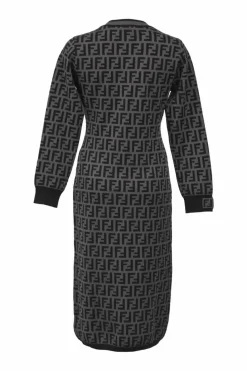 Black and charcoal viscose-blend FF Zucca jacquard knit crewneck dress