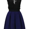 Black and cobalt blue paneled acetate-blend wrap-effect skater dress with draped plunge neck bodice and tuck-pleat skirt