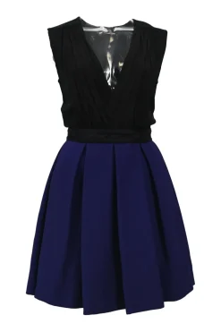 Black and cobalt blue paneled acetate-blend wrap-effect skater dress with draped plunge neck bodice and tuck-pleat skirt