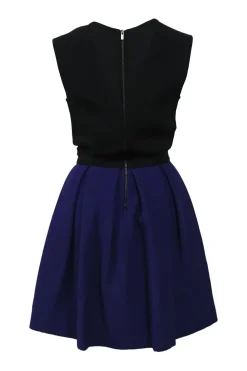 Black and cobalt blue paneled acetate-blend wrap-effect skater dress with draped plunge neck bodice and tuck-pleat skirt