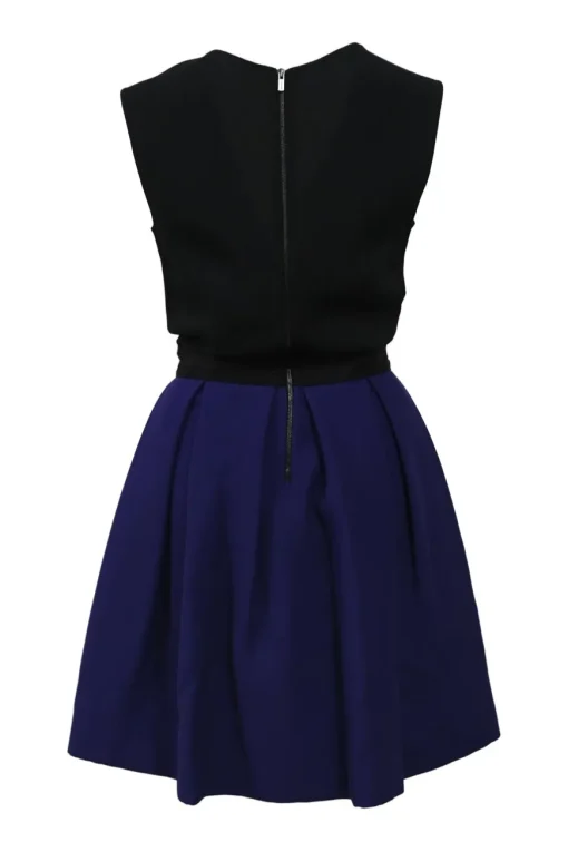 Black and cobalt blue paneled acetate-blend wrap-effect skater dress with draped plunge neck bodice and tuck-pleat skirt