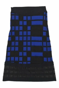 Black and cobalt blue polypropylene-blend fully-fashioned intarsia 3D knit strapless skirt