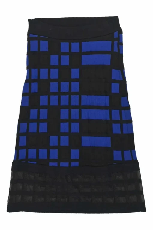 Black and cobalt blue polypropylene-blend fully-fashioned intarsia 3D knit strapless skirt