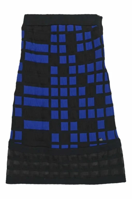 Black and cobalt blue polypropylene-blend fully-fashioned intarsia 3D knit strapless skirt