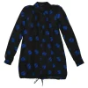 Black and cobalt blue rayon abstract dot print button-front balloon shirt with adjustable drawstring hem
