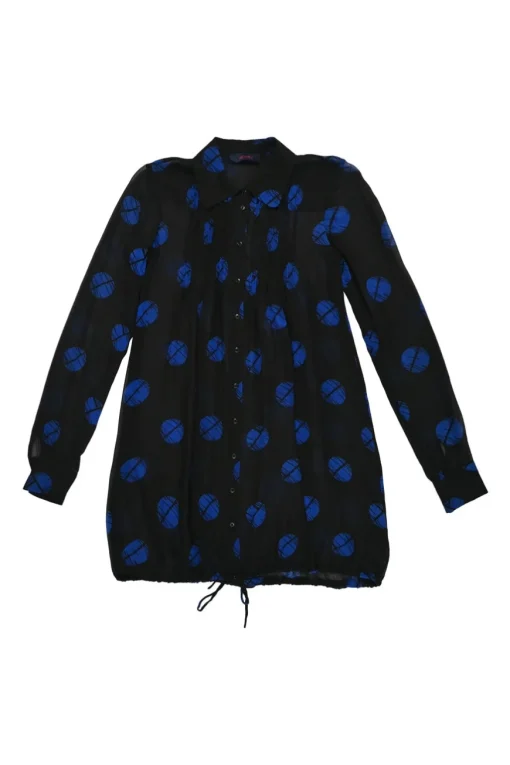 Black and cobalt blue rayon abstract dot print button-front balloon shirt with adjustable drawstring hem