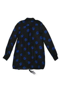 Black and cobalt blue rayon abstract dot print button-front balloon shirt with adjustable drawstring hem