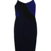 Black and cobalt blue viscose-blend twist bustier sheath dress with adjustable spaghetti straps