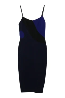 Black and cobalt blue viscose-blend twist bustier sheath dress with adjustable spaghetti straps