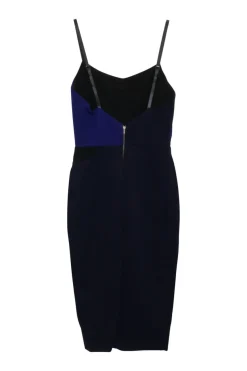 Black and cobalt blue viscose-blend twist bustier sheath dress with adjustable spaghetti straps