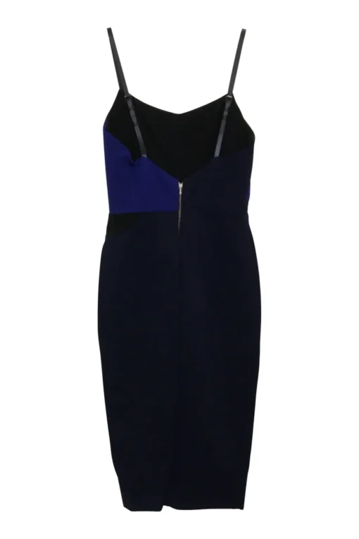 Black and cobalt blue viscose-blend twist bustier sheath dress with adjustable spaghetti straps
