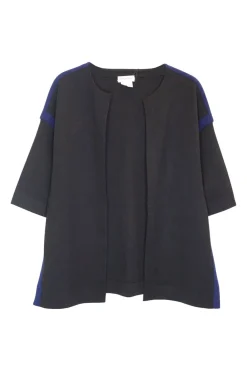Black and cobalt blue wool open-front boxy double-faced interlock colour-block knit cardigan jacket