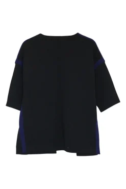 Black and cobalt blue wool open-front boxy double-faced interlock colour-block knit cardigan jacket