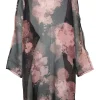 Black and coral silk sheer floral print pullover  relaxed bateau neckline tunic top