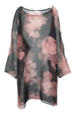 Black and coral silk sheer floral print pullover  relaxed bateau neckline tunic top