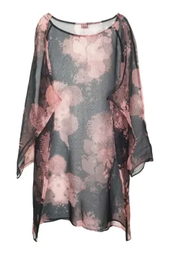 Black and coral silk sheer floral print pullover  relaxed bateau neckline tunic top