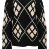 Black and cream cashmere Harley argyle intarsia knit crewneck pullover sweater