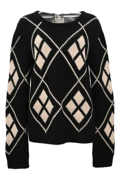 Black and cream cashmere Harley argyle intarsia knit crewneck pullover sweater