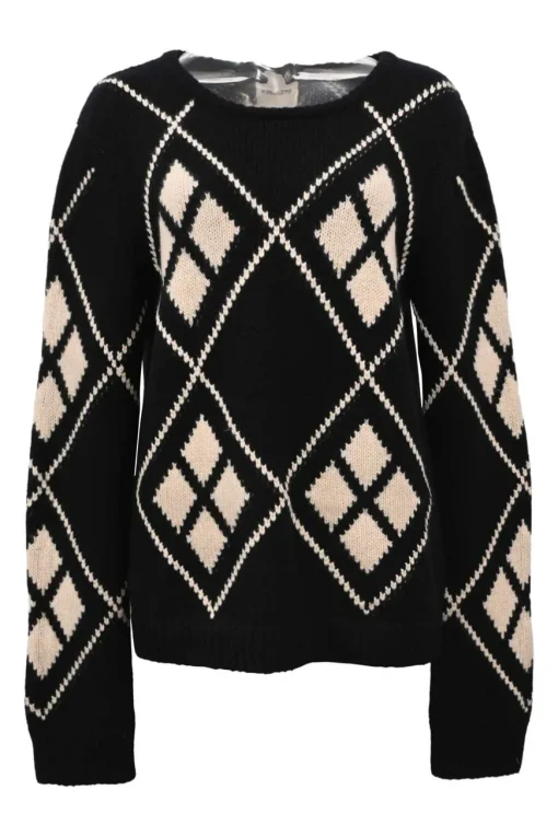Black and cream cashmere Harley argyle intarsia knit crewneck pullover sweater